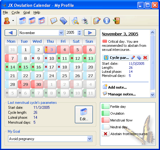 Screenshot - Main form - JX Ovulation Calendar - Your Ovulation Calculator - Personal Fertility Calendar