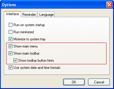 Screenshot - Options - Setting up main menu and toolbar - Your Ovulation Calculator